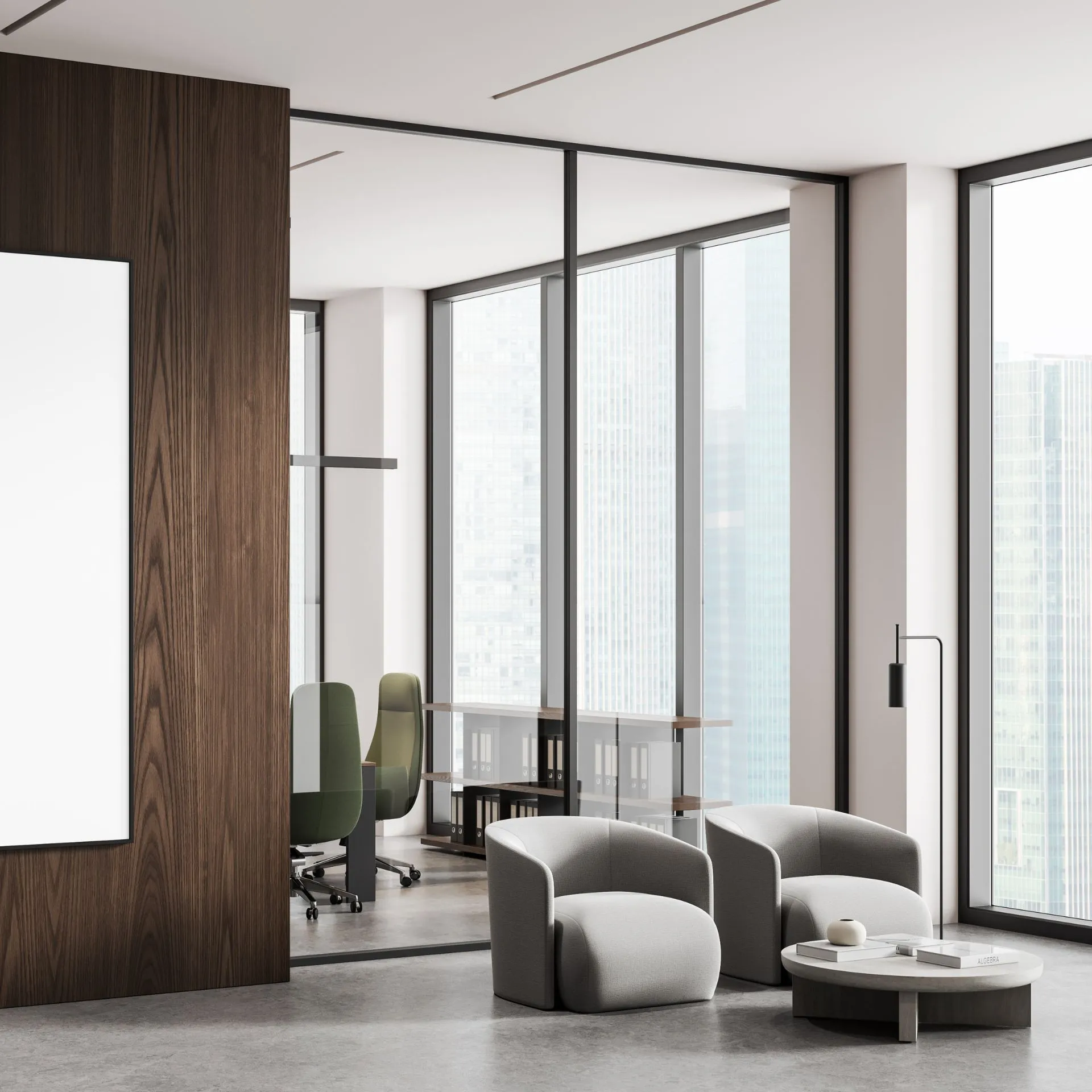 Professional glass installation team moving a large tempered glass panel for an office divider project in Dallas, TX.