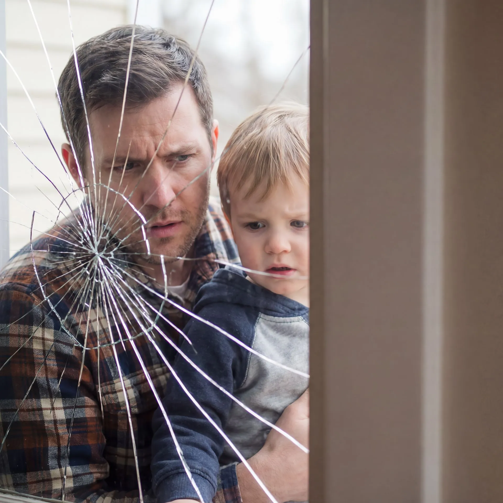 Worried father and son looking through a shattered home window requiring urgent emergency glass repair in Dallas.